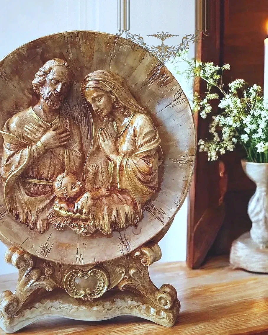 Medalhão da Sagrada Família em resina, marmorizado, 38 × 38 cm